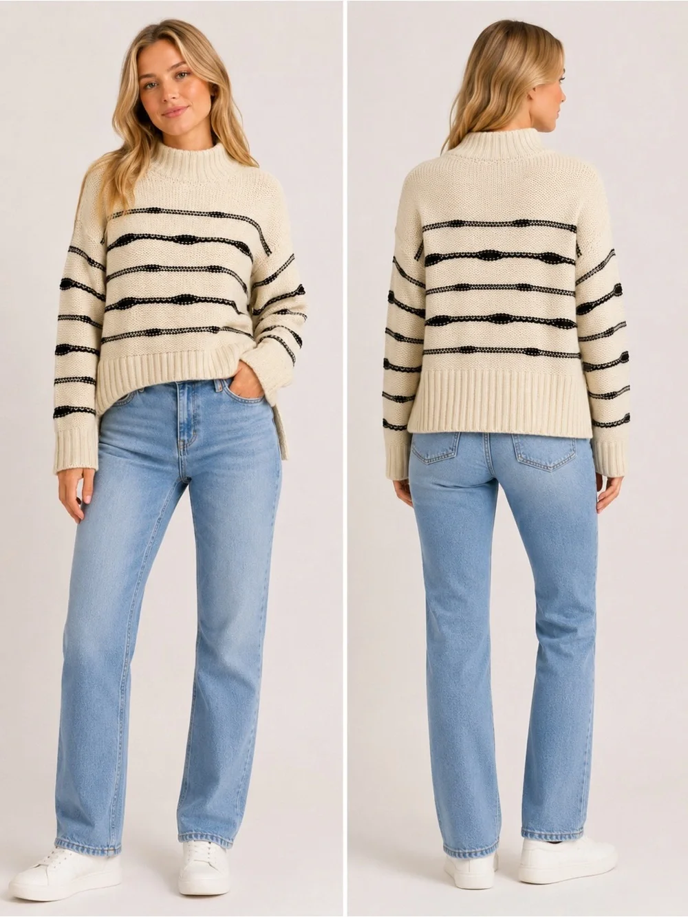 Veronica Beard Viori Cream & Black Striped Wool Mock Neck Sweater 25596